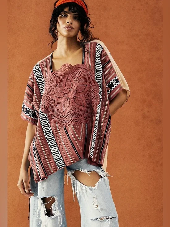 NWT Free People Crochet Tunic Top XS Antique Combo Boho Lagenlook Cottagecore - Picture 5 of 15